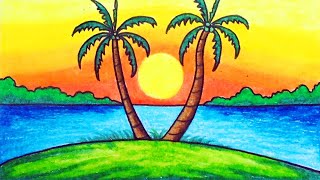 How to Draw Easy Scenery | Drawing Sunset Scenery Step by Step with Oil Pastels