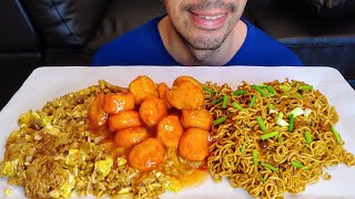 CHINESE FOOD, EGG FRIED RICE, SWEET AND SOUR CHICKEN AND SPICY NOODLES MUKBANG EATING SHOW