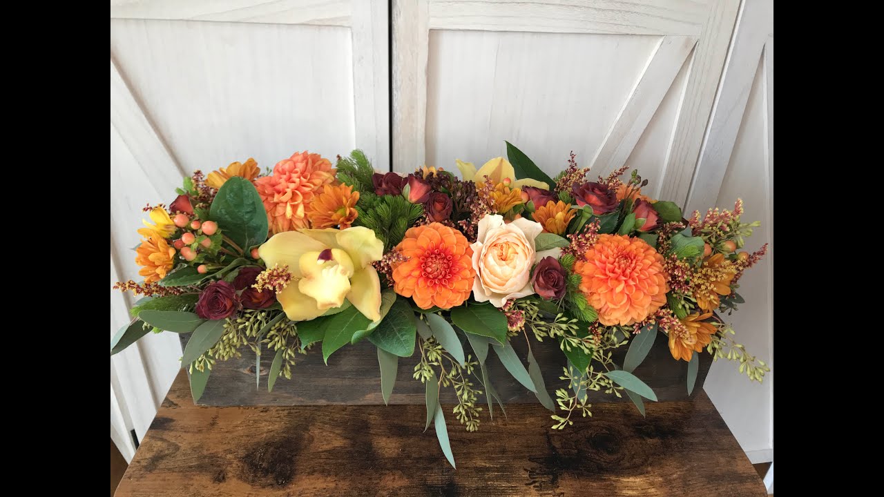 Fall Centerpiece | Peach Roses & Autumn Mums in Wooden Box by