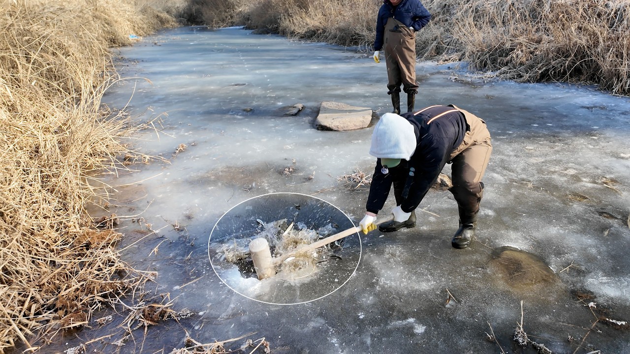 얼음 아래 수천마리! 떡메 한방에 수십마리가 튀어나옵니다! 전통어로 깡치기!