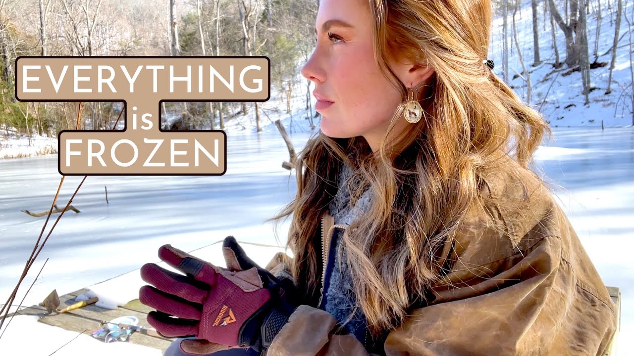 Frozen Farm Pond Fishing - Prepping for A FEAST in the Woods. Winter Mountain Adventures