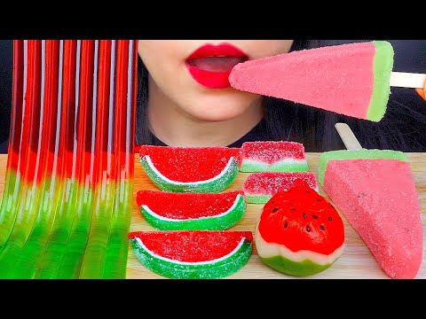 ASMR WATERMELON ICE CREAM, JELLY NOODLES, GUMMIES, WAGASHI 수박 디저트 먹방 咀嚼音 EATING SOUNDS MUKBANG