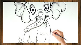 Adorable Baby Elephant Cartoon Sketch - Pencil Drawing Time-lapse | How to draw an Elephant 🐘