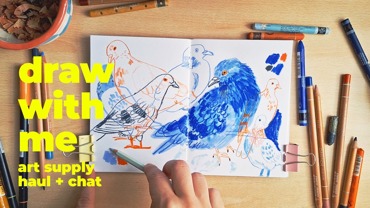 draw with me: art supply haul + chat drawing pigeons / mixed media drawing process with voice over