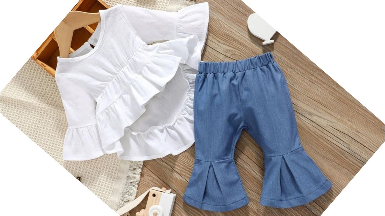 Baby Flounce Sleeve High-Low Hem Top With Flare Leg Pant Cutting and Stitching