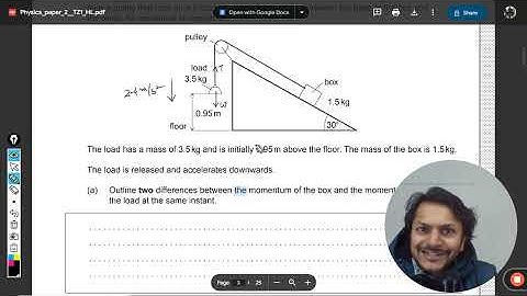 A student uses a load to pull a box up a ramp inclined at 30°. A string of constant length and negli