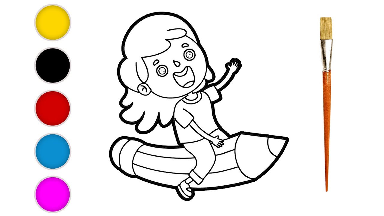 Girl riding on a pencil| toddler, kid, easy drawing 