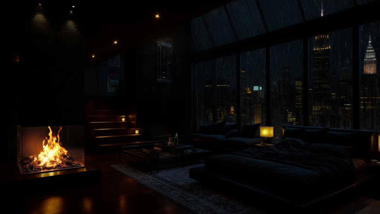 🌧️ Rain Outside a Luxury Penthouse 🔥 Cozy Fireplace Sounds