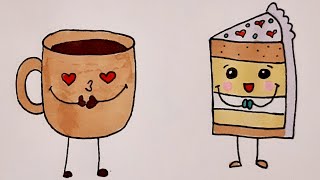 Как нарисовать ЧАШКУ ЧАЯ И ТОРТИК/How to draw A CUP of TEA and a CAKE