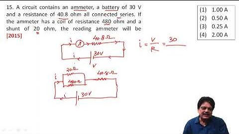 A circuit contains an ammeter, a battery of 30 V and a resistance of 40.8 ohm all connected series