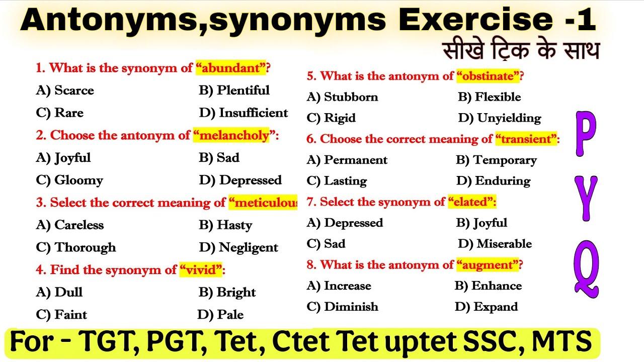 Vocabulary Practice Set -01 : Antonyms & Synonyms for TGT, PGT, CTET, UPTET, SSC, MTS & More.