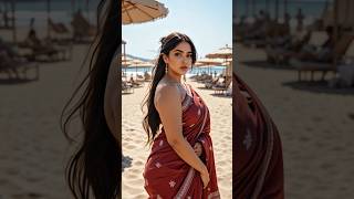 Indian Woman In Maroon Saree Beach Vibe