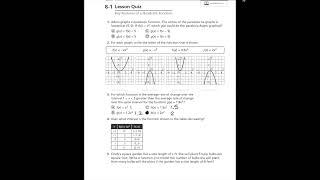 Algebra 1: 8-1 Key Features of a Quadratic Graph Quiz