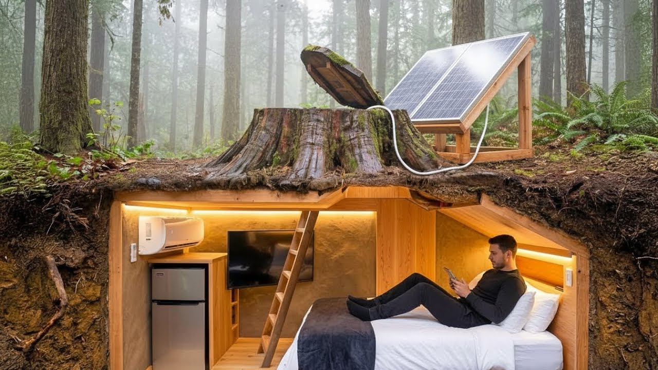 Building a Secret Modern Basement House in the Forest (ASMR) | Built Alone