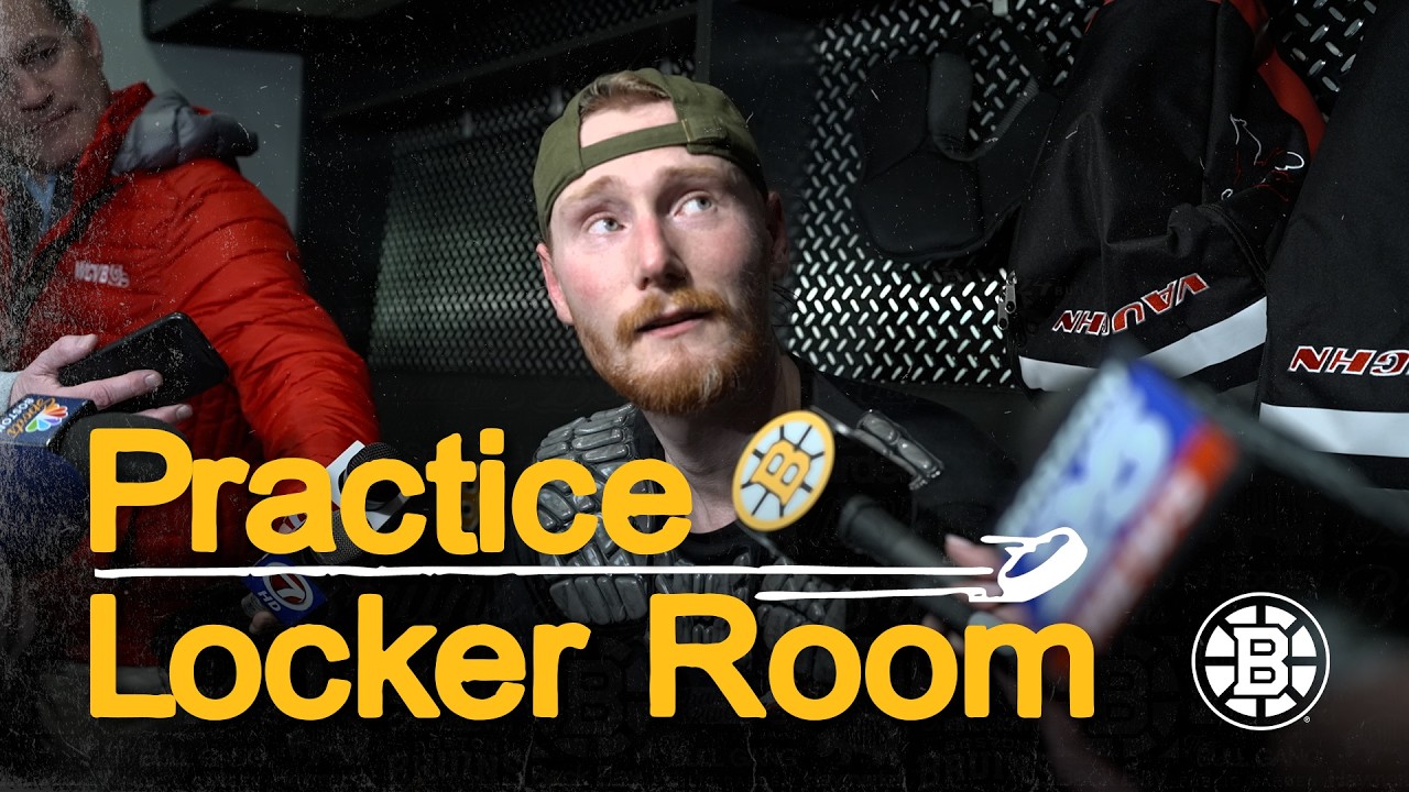 David Pastrnak, Henri Jokiharju, Joonas Korpisalo, and Morgan Geekie talk after practice on Tuesday