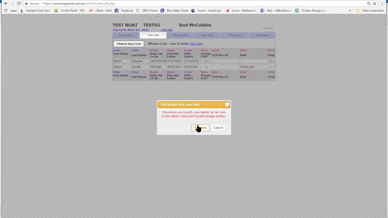 ORCV Race Entry - adding crew online via TopYacht Entry System (TES)