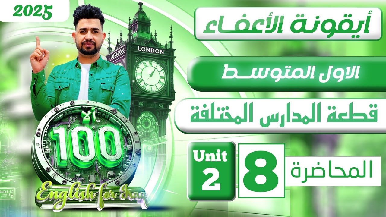 انكليزي اول متوسط المنهج الجديد 2025  / قطعة المدارس المختلفة / اليونت الثاني / المحاضرة 8