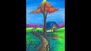 How To Draw Easy Painting/Landscape DRAWINGll Beginners Drawing-Tutorial.Oil Pastel/ Indian Village