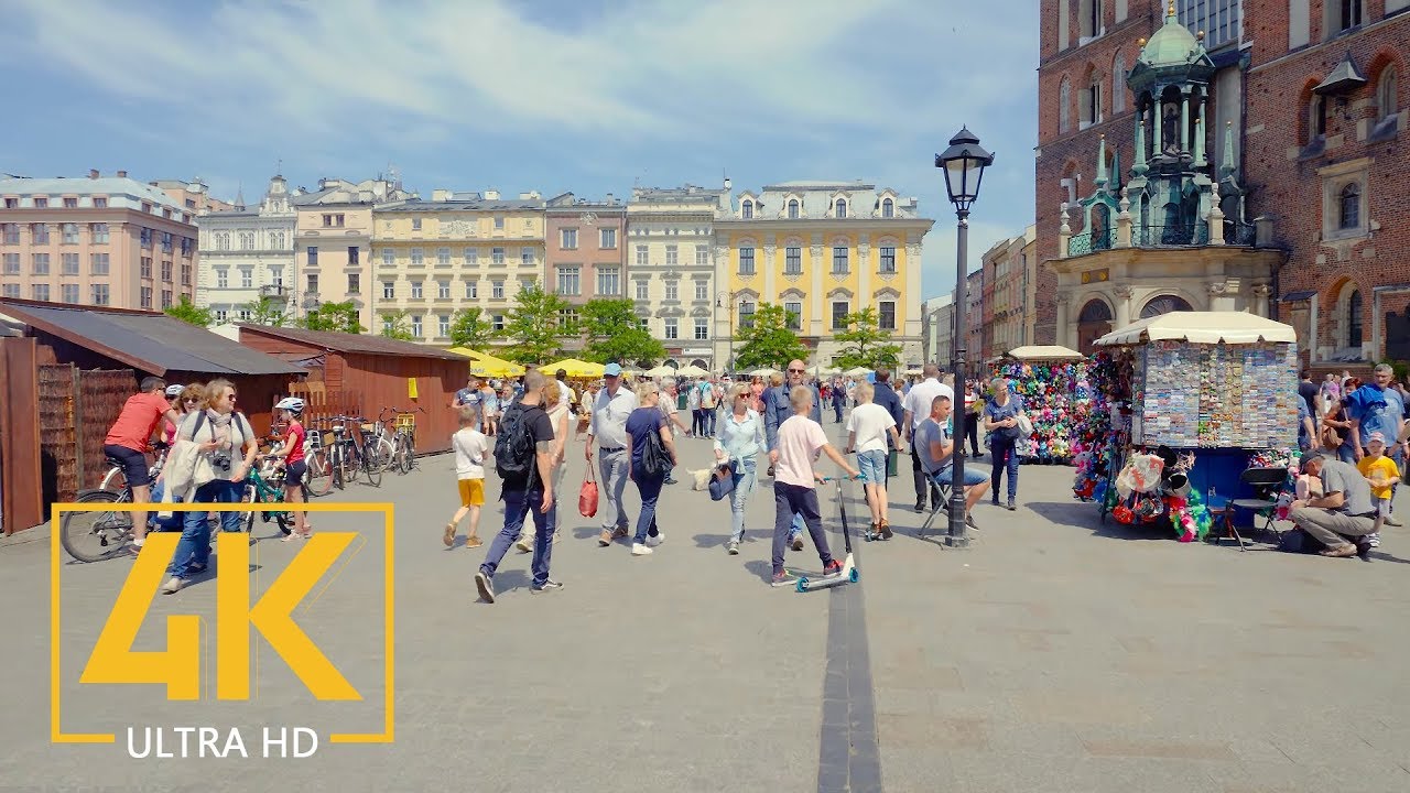 4K City Walking Tour along Krakow Streets -Trip to Poland - City Life Video with City Sounds