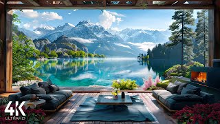 A Beautiful Spring Scene By A Relaxing Lakeshore | 4K Spring🌷Soothing Water Sounds & Relax Fireplace