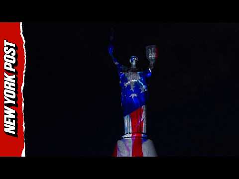 Kyiv's Mother Ukraine Monument Shines in Red, White, and Blue
