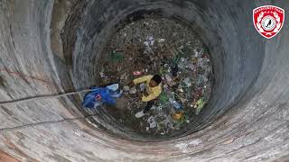 The cat fell into the well while eating the pigeon