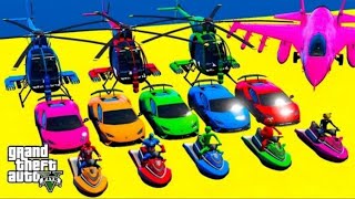 GTA V Mega Ramp On Super Cars, Bikes, Jets and Boats with Trevor and Friends Stunt Map Challenge