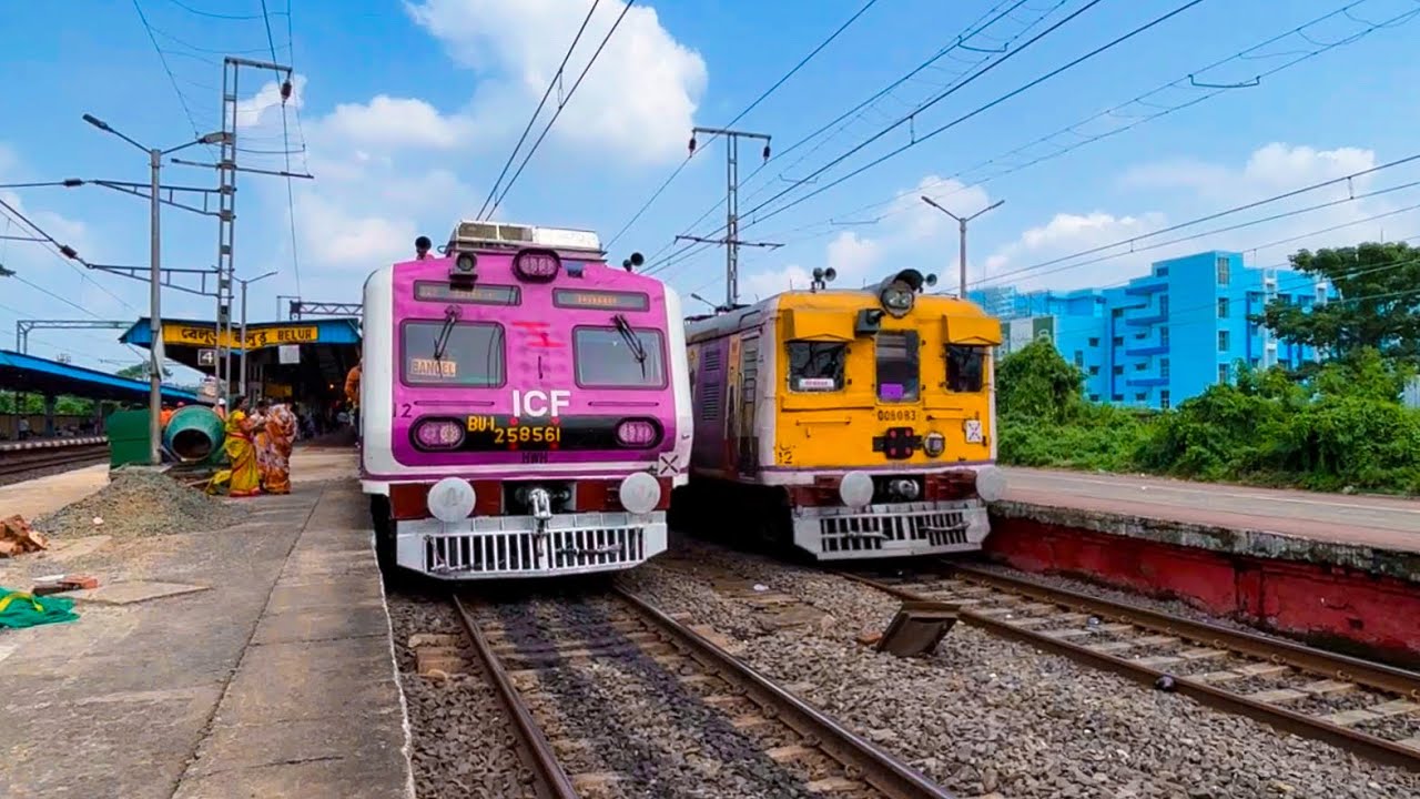 Classic vs Modern Three Phase EMU Local Trains Crossing Action at Busy Belur Station.