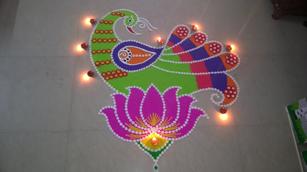 Big Peacock Feather Rangoli For Diwali | Sanskar Bharti Rangoli ...