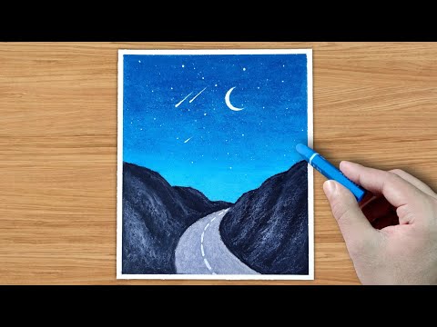 Moonlight scenery drawing with oil pastel - Tutorial #shorts