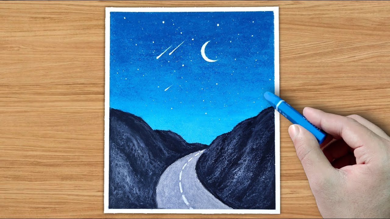 Moonlight scenery drawing with oil pastel   Tutorial  shorts