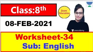 Class 8 ENGLISH worksheet 34 | 08 FEB 2021 | english worksheet 34 class 8 | doe woeksheet 34 english