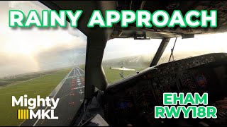 Rainy approach into Amsterdam Airport Schiphol runway 18R (AMS EHAM).