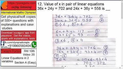 20 IMO Int Maths Olympiad Video Std 10 Linear Equations with 2 variables freeVideo1 by Vishal Mantri