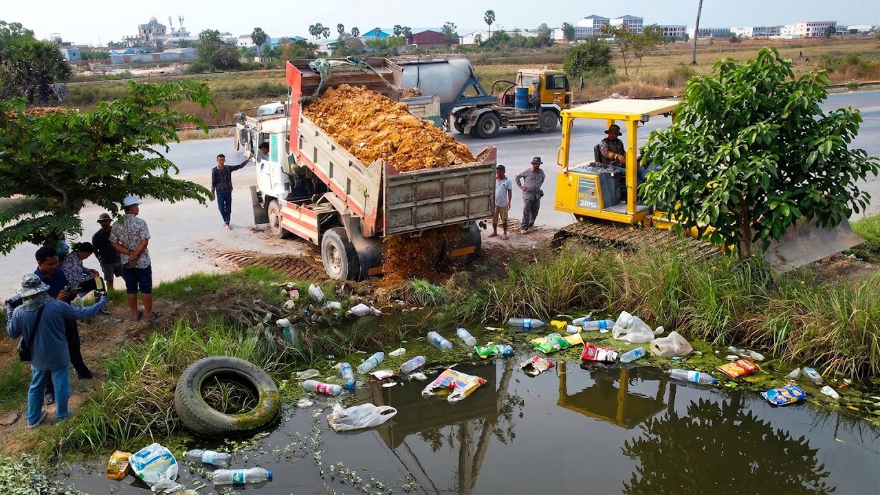 First Start Amazing Project! Delete Flooded Area Using Dozer D31PX Pushing Stone with 5Ton Trucks