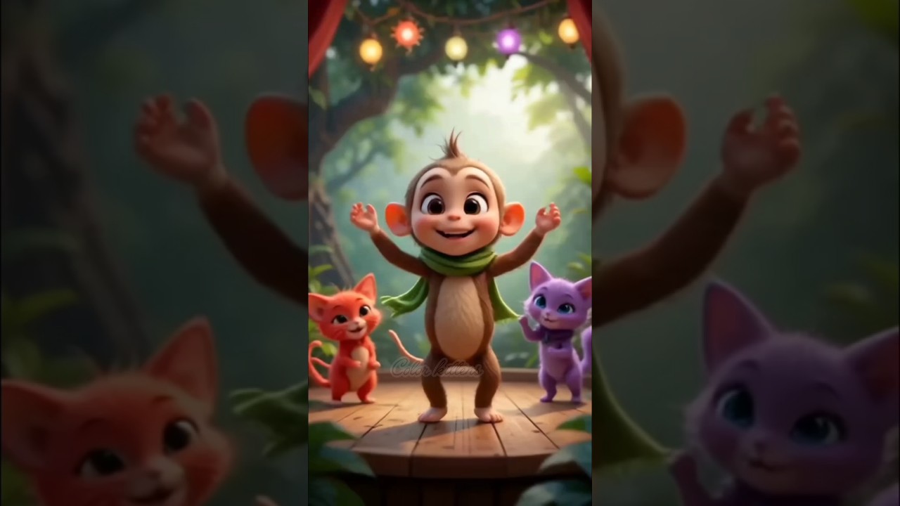 Whimsical Animal Duo: Monkey Leads Kittens in Dance 