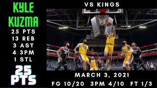 Kyle Kuzma 25 PTS, 13 REB, 3 AST, 4 3PM, 1 STL - Lakers vs Kings - March 3, 2021