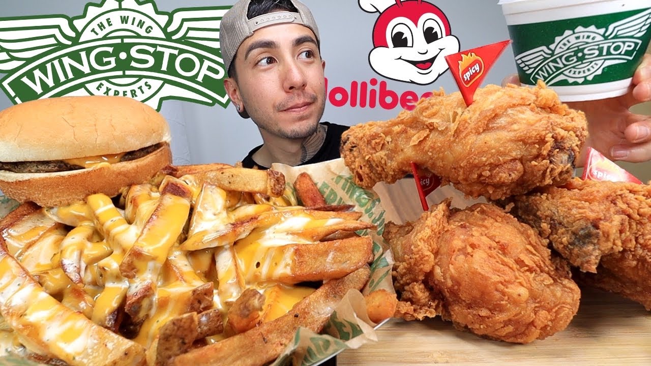 MUKBANG EATING: картофель фри Wingstop Voodoo, жареная курица Jollibee, бургер Cheesy Yum