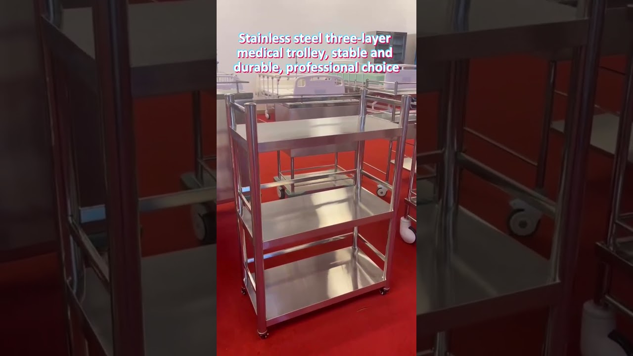Explore our robust stainless steel three-tier medical trolley with drawers in our showroom!
