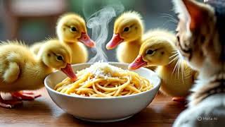 Mama Cat Rescues Ducklings And Shares Spaghetti With Them