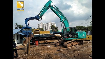 Xe đào Kobelco SK200 - 9 gắn bộ búa rung đóng cừ larsen 9m || test cừ 6m