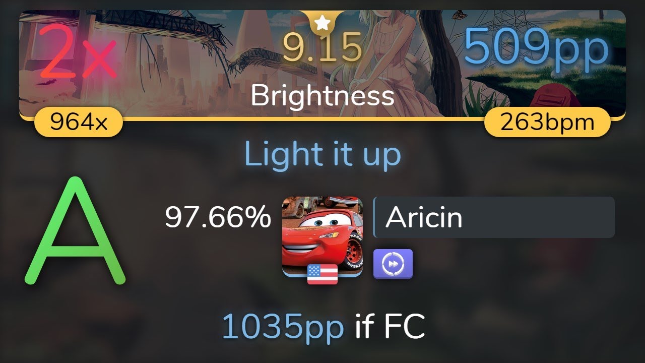 [9.15⭐] Aricin | Camellia - Light it up [Brightness] +DT 97.66% {509pp 2❌} - osu!