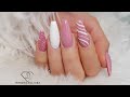 Christmas Pink and White coffin shape nails with fiber gel