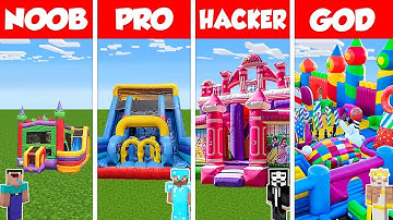 Minecraft Battle: NOOB vs PRO vs HACKER vs GOD: BOUNCY CASTLE HOUSE BASE BUILD CHALLENGE / Animation