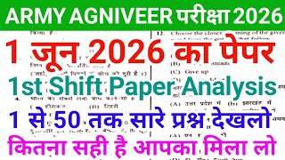 Army Agniveer 1 June 1st Shift Paper Analysis 2026  Army Agniveer 1 June 1st Shift Answer Key 
