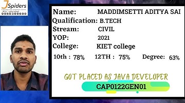 JSpiders JNTU! Congratulates M.ADITYA SAI for getting placed as Java developer.