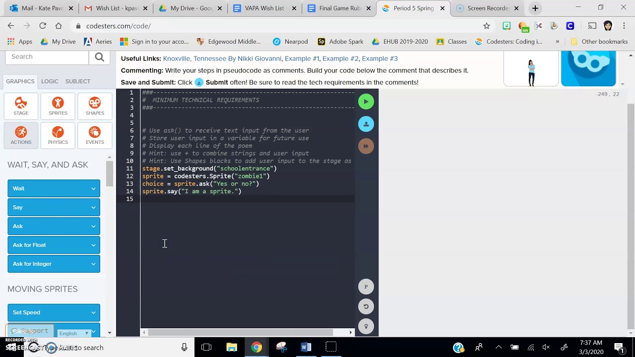 Codesters Project 9 Help - YouTube