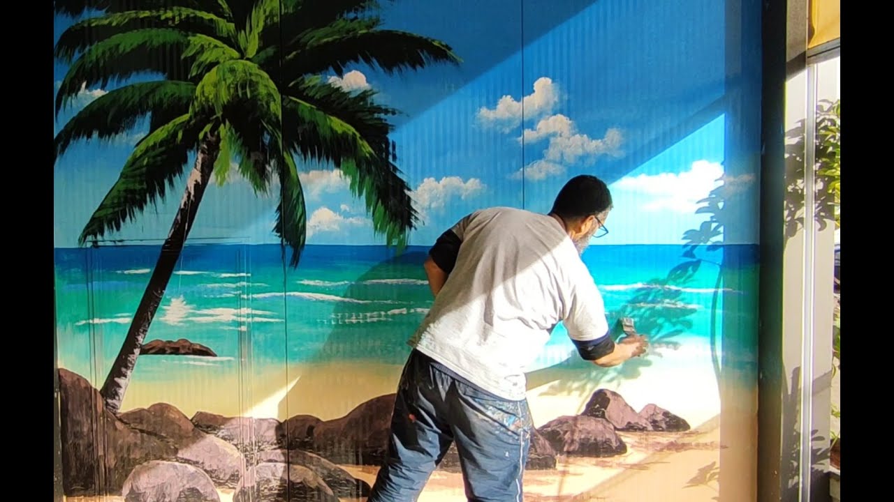 كيفيه رسم على الحائط/رسم منظر طبيعي mural painting