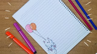 تزيين الدفاتر المدرسية للبنات من الداخل على شكل قطة وبالونات رسم سهل  notebook cute border design