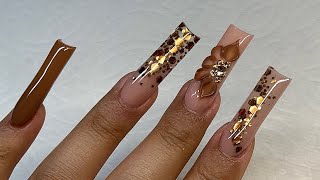 Brown Fall Nails | Encapsulated Glitter & 3D Flower | Acrylic Nails Tutorial